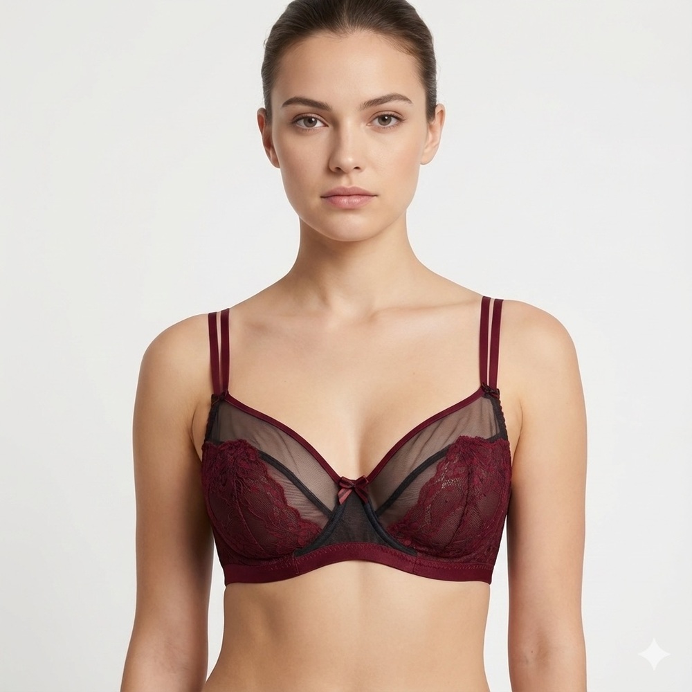 Curvy Kate Lace Sheer Bra Black Burgundy 34G Women